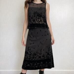 Vintage Black Silk Velvet Burnout Two Piece Set Sheer Sequin Y2K 90s